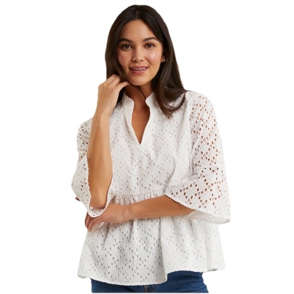 Draper James Maya Cotton Top White Eyelet Detailing Bell‎ Shaped Sleeves XS NEW - Picture 1 of 9
